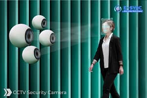 A woman walks past a series of futuristic CCTV security cameras designed like eyeballs, which are scanning her face. The background is striped in shades of green, and the logo "E-SYNC Security Solutions" appears in the upper right corner. Text reads, "CCTV Security Camera.