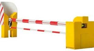 A yellow barrier gate system with two red and white striped barriers is shown in the image. The gate has a sturdy base and is designed to control vehicle access. The diagonal stripes on the barriers alternate between red and white segments.
