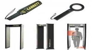 The image shows a collection of security screening equipment, including handheld metal detectors (HHMD), a walk-through metal detector archway (DFMD) with a person walking through it, and various views of security gates.