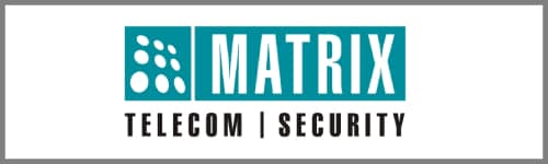 A rectangular logo with a turquoise background featuring six white circles on the left, the text "MATRIX" in bold white letters in the center, and "TELECOM | SECURITY | CCTV Dealers in Chennai" in black letters at the bottom, all enclosed within a thin gray border.
